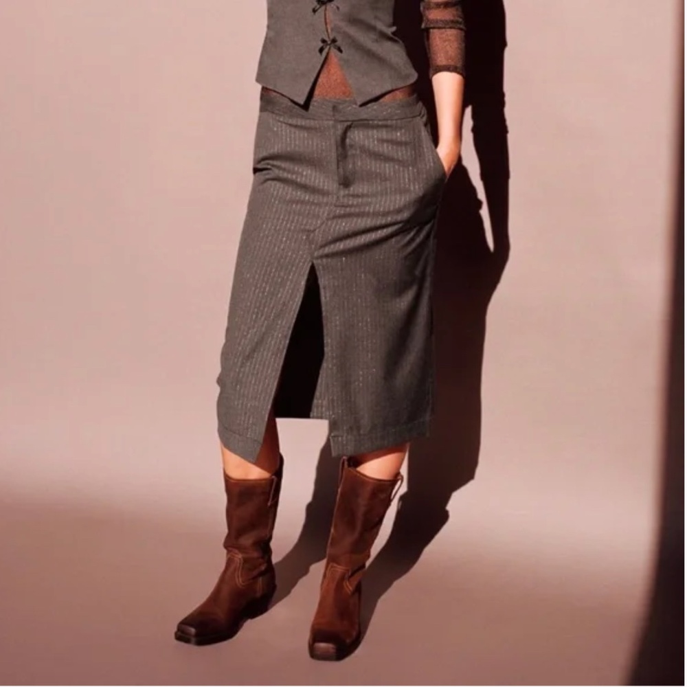 Zara gray metallic pinstripe midi skirt NWT
